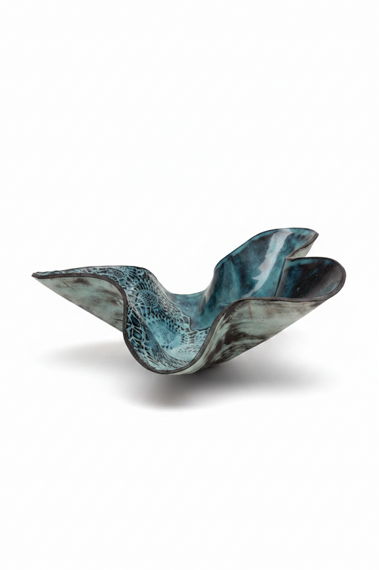 Pottery Scalloped Bowl with Print, Blue