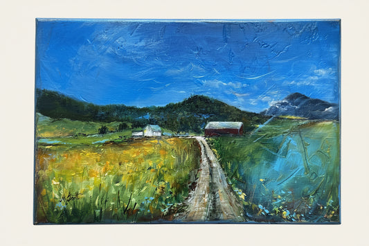 Painting of a rural landscape with a road, fields, and mountains.