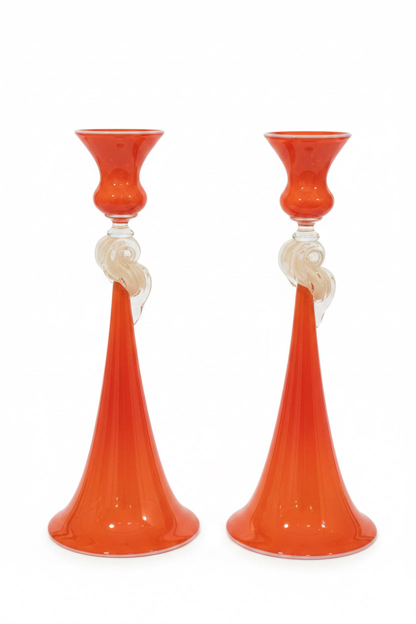 Blown Glass Candle Holders, orange with clear shell