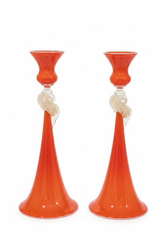 Blown Glass Candle Holders, orange with clear shell