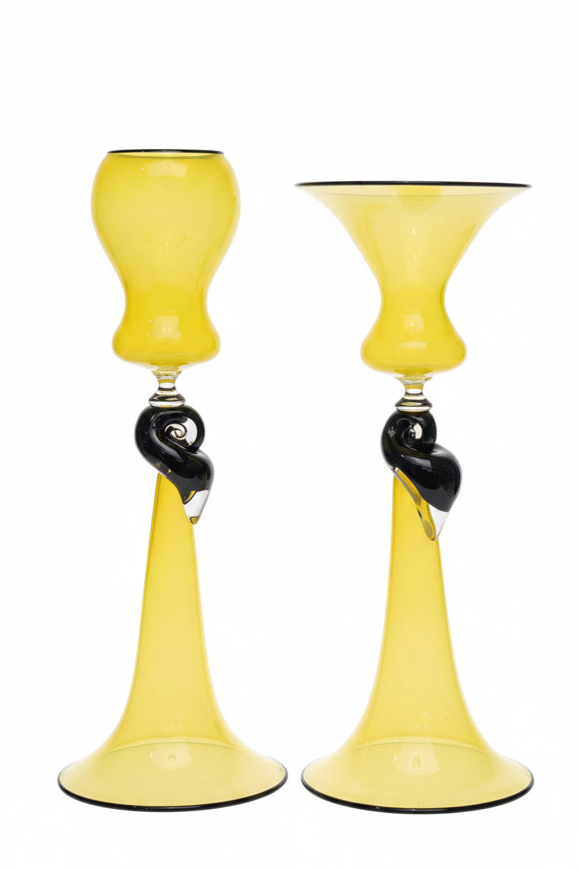 Blown Glass Candle Holders, Yellow and black shell