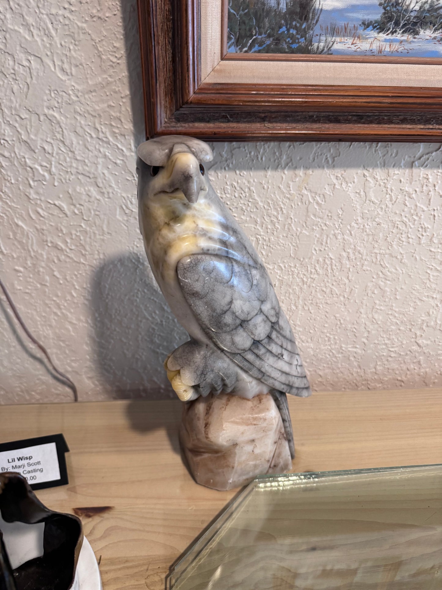 Stone Carving Hawk, Yellow and Grey
