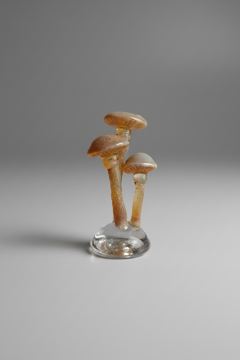 Decorative mushroom sculpture on a glass base with flowers and grass in the background