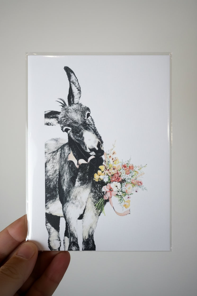 A hand holds a square art print or card featuring a black-and-white goat with a colorful bouquet of flowers on a white background, photographed against a textured off-white wall.